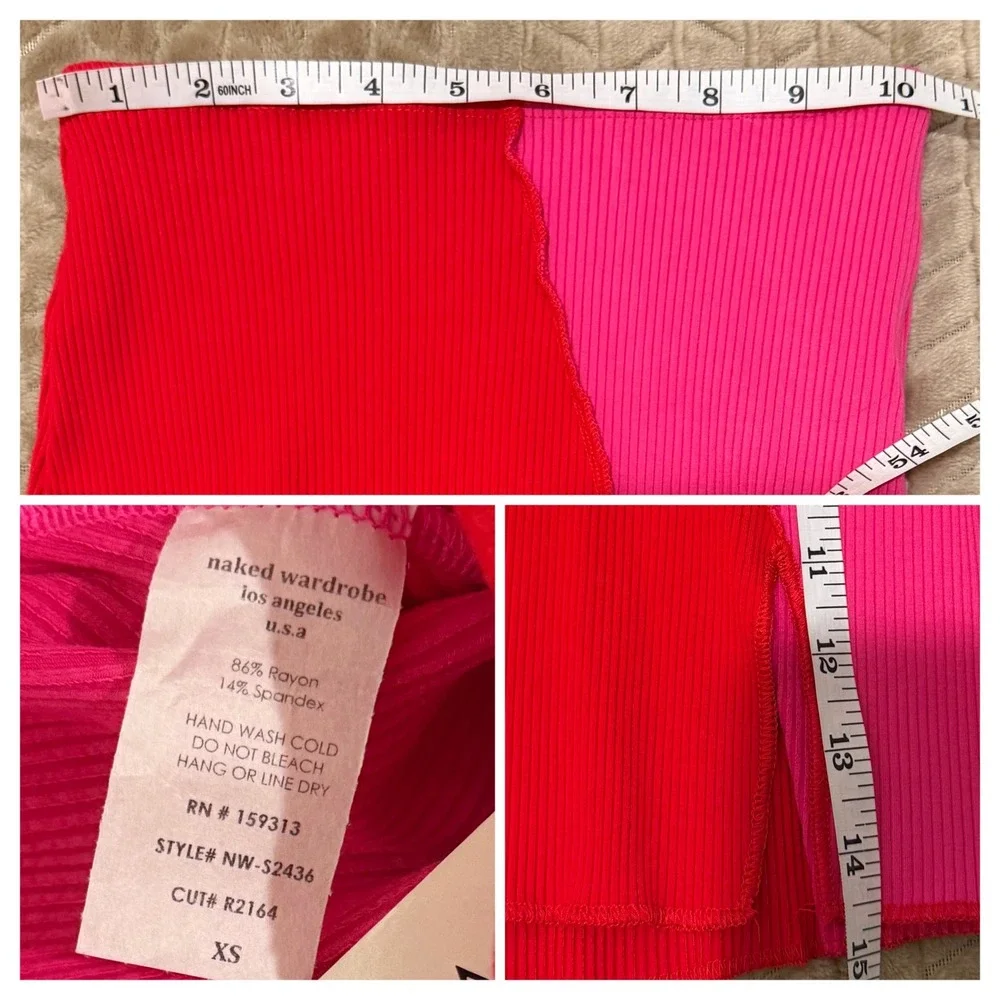 Naked Wardrobe Colorblock Ribbed 2 Piece Skirt Set Womens XS Pink Red